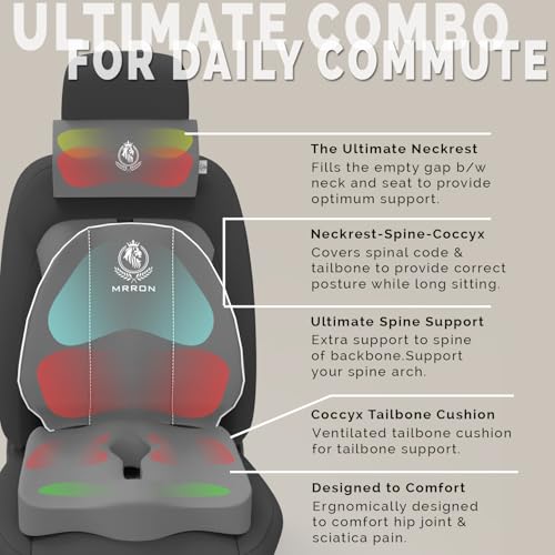 Image of MRRON Neckrest Back Support or Coccyx Orthopaedic Cushion for Long Sitting Universal fit with Ergonomic Design Made by High Density Memory Foam Used for Car or Office Chairs. (Grey, Spine Support)