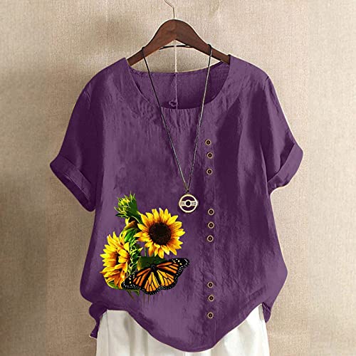 Women Crewneck Button Short Sleeve Blouse Sunflower Butterfly Print Tee Top Loose Casual Cotton Linen Blouses Shirt #TOP1
