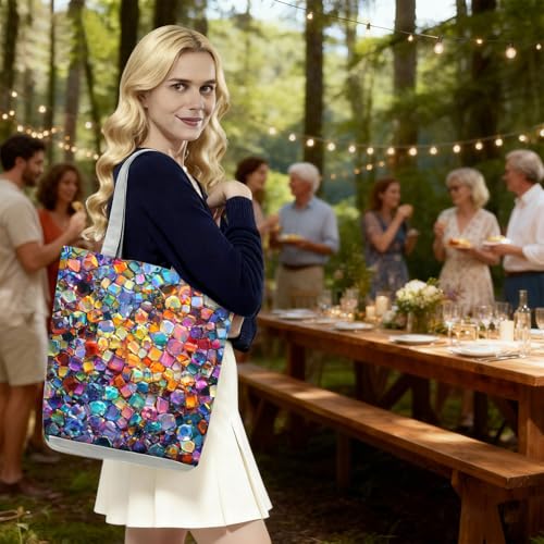 Bolso tote para mujer con estampado de gemas y cristales arcoíris, estilo bohemio, con cierre de cremallera, ideal para viajes, compras y uso diario miniatura 3