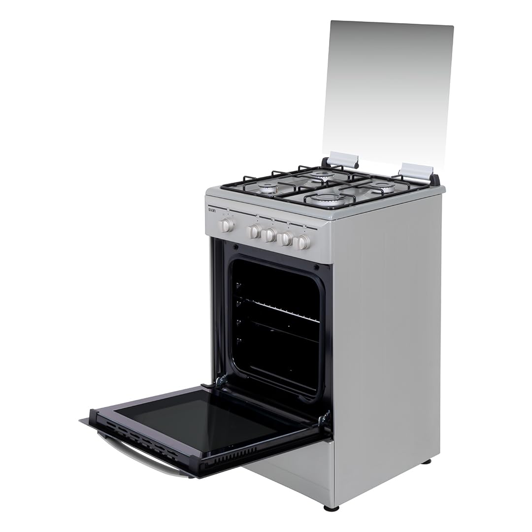 Svan Cuisinière Gaz Butane, Cuisinière Indépendante, 4 Zones de Cuisson, Four 43L, Inox, SKG4501X. Commande Manuelle, 2 Programmes de Cuisson, Porte Double Vitrage, Couvercle Abattant