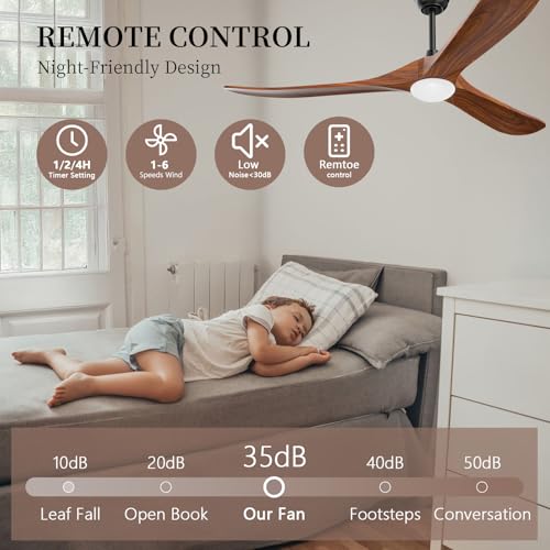 Image of Obabala 70 inch Outdoor Ceiling Fan with Light and Remote, Solid Wood 3-Blade Ceiling Fan with DC Motor for Patio and Farmhouse, Dark Walnut