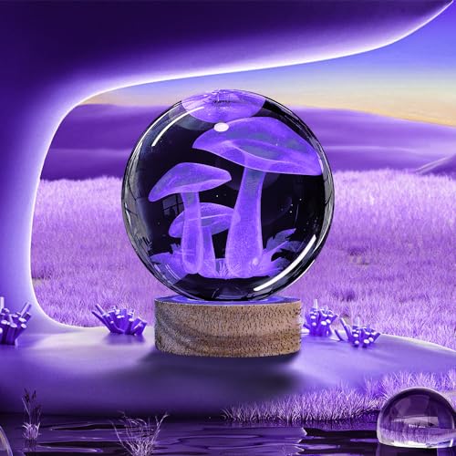 Image of 3D Crystal Ball Night Light with Wooden Base, Mushroom Glass Ball Lamp with 16 Colors and Remote Control - Cool Desk Decor Gift for Kids and Friends