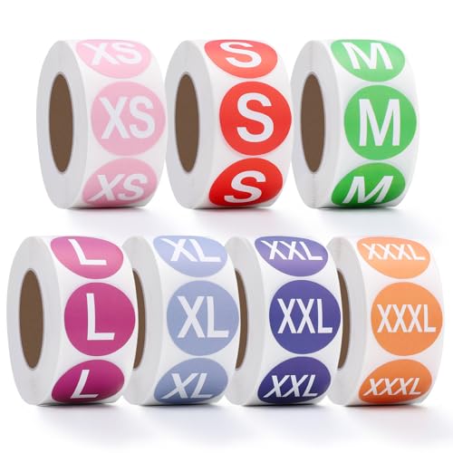 Svaldo Autocollants de Taille de Vêtements Colorées, 7 Rouleaux Étiquettes Adhésives Rondes 2.5cm de Diamètre, Etiquettes Autocollantes de Taille (XS,S,M,L,XL,XXL,XXXL)
