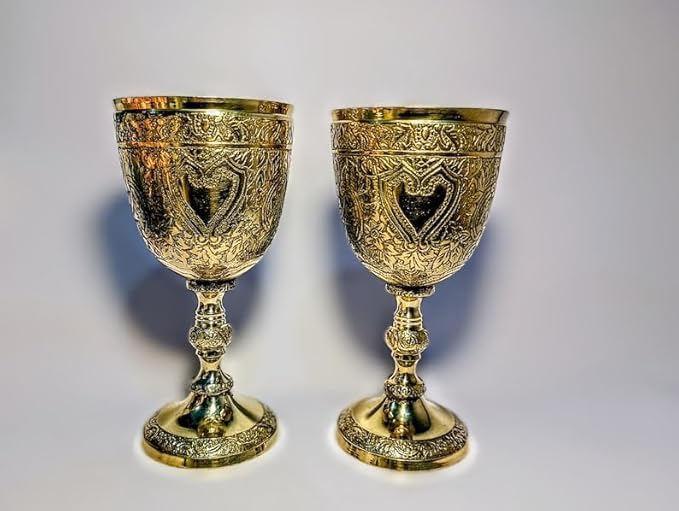 Brass Chalice Engraved Gold-Plated Wine Goblet Set of 2 Brass Finish