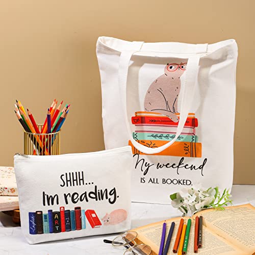 Image of Sieral 2 Pcs Book Lovers Gifts Canvas Tote Makeup Bag Set, Cat | Reusable, Cat Print Design, Multi Purpose Shopping Cosmetic Storage Pouch, Metal Zipper, for Readers Teachers Women