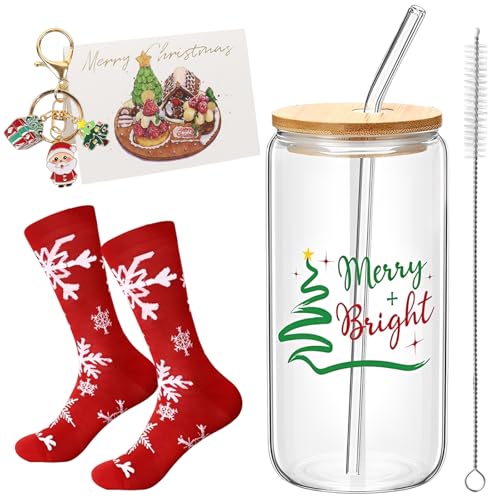Leonshco Copos de Natal de cristal com tampa e palhinha, 6 peças copos de Natal de 500 ml com escova de limpeza, cartão de felicitações, meias natalícias, podem ser usados como beber, sumo