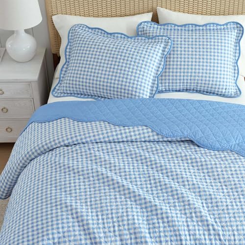 Image of Martha Stewart - Queen Quilt Set, 100% Soft & Breathable Bedding with a Lightweight Feel for Year Round Comfort, 3 Piece Bed Set with Matching Pillowcases (Olivia Gingham Blue)