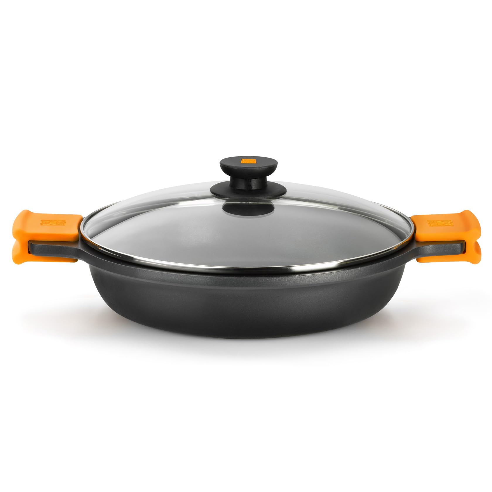 BRA Efficient | Niedriger Kochtopf mit Glasdeckel und abnehmbaren Silikongriffen, 36 cm, für alle Herdarten inklusive Induktion und Backofen geeignet