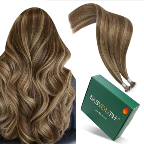 Image of Easyouth 22 Inch Nano Bead Human Hair extensions Highlight, 50G 50S, Medium Brown Highlight Caramel Blonde, Ombre Nano Tip Hair Extension Real Human Hair Lightweight, for Long Straight Hair