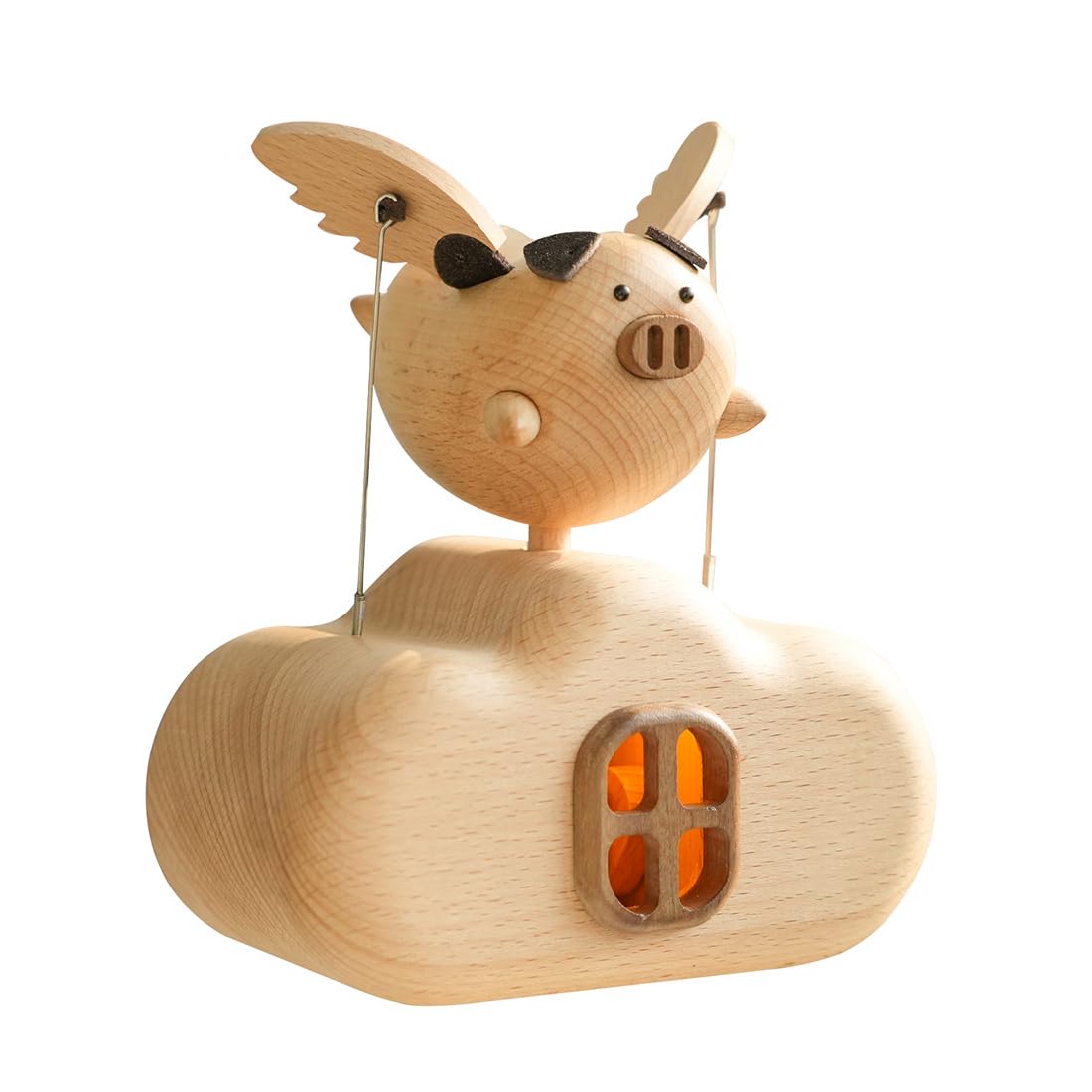 TBRICKFUNR Illuminated Wooden Flying Pig Dynamic Model, Handmade Bionic Animals Sculpture, Desktop Relaxation Ornament & Gift for Adults (Non-Music Box)