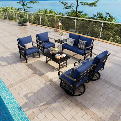 Image of 7 Pieces Patio Conversation Sets, All-Weather Metal Swivel Rocking Chairs with Rope Furniture Set, Outdoor Sofa Couch for Deck, Porch, Garden, Backyard, Poolside (Blue Cushions)