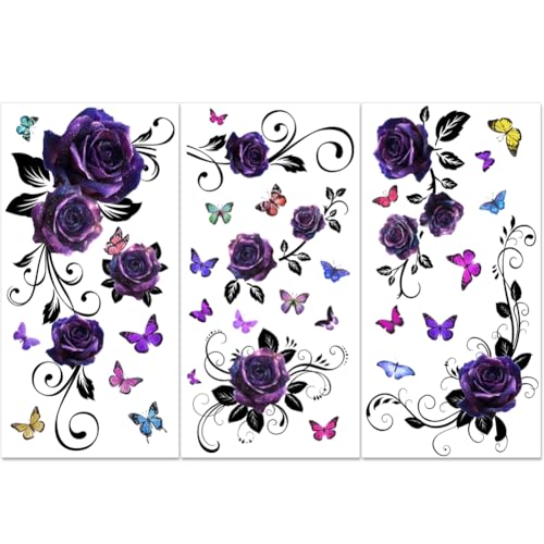 PLIGREAT 3 Sheets Purple Rose Rub on Transfers for Crafts and Furniture Watercolor Waterproof UV DTF Transfer Stickers for Wooden Dressers Ceramic Scrapbooking Decorative Rub on Decals, 12