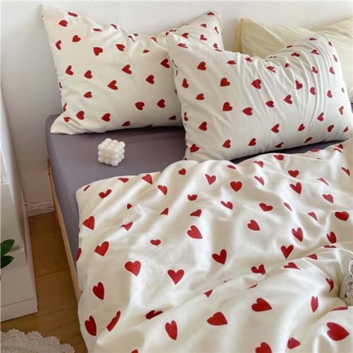 Image of Nayoroom Heart Duvet Cover Full Size Cute Red Love Printed On White Bedding Set 3Pcs Kids Girls Kawaii Heart-Shaped Pattern Comforter Cover With Zipper Closure Soft Breathable Microfiber