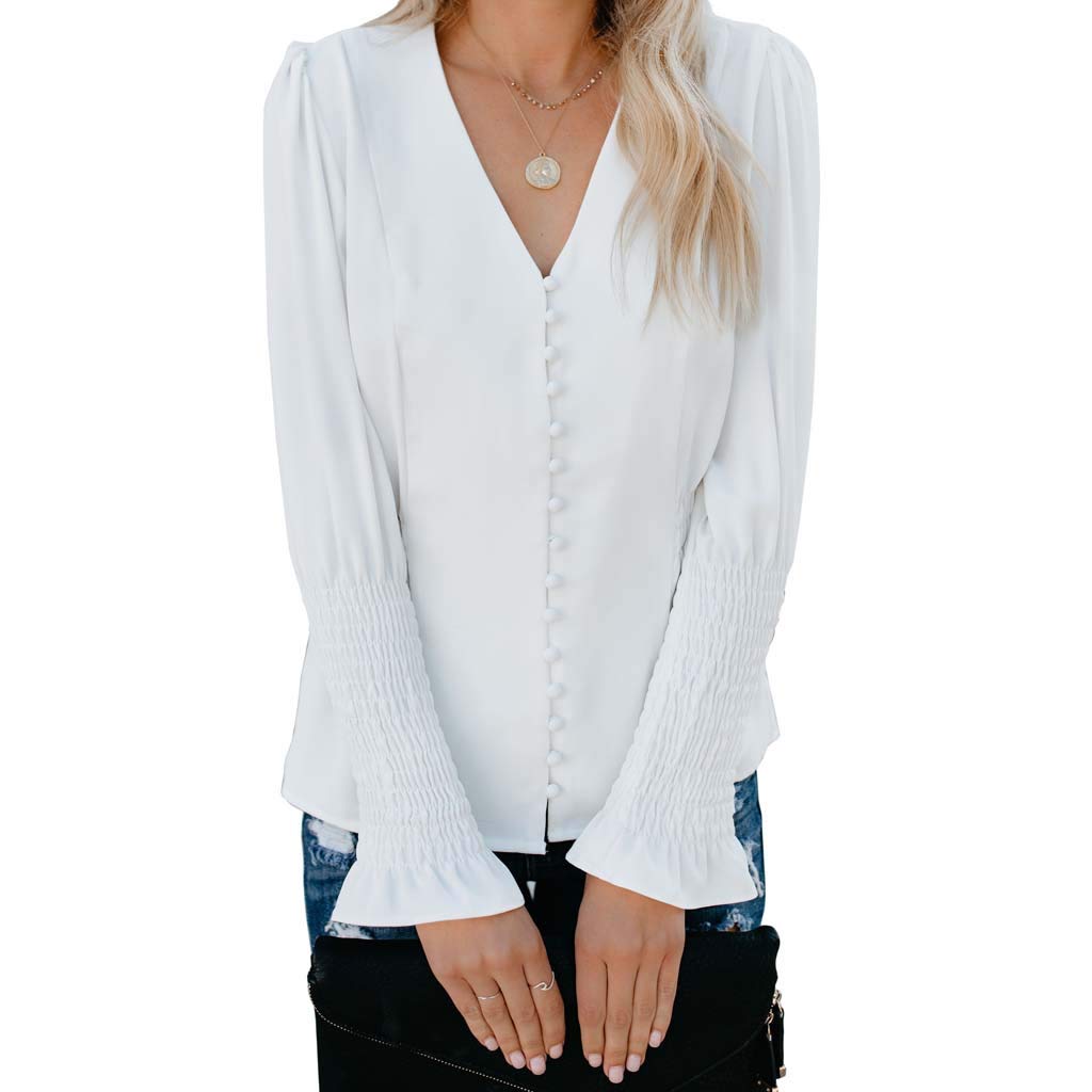 LIULIULIU❁Casual Solid V-Neck Button Down Shirts Long Sleeve Slim Fit Shirt Tops Blouse