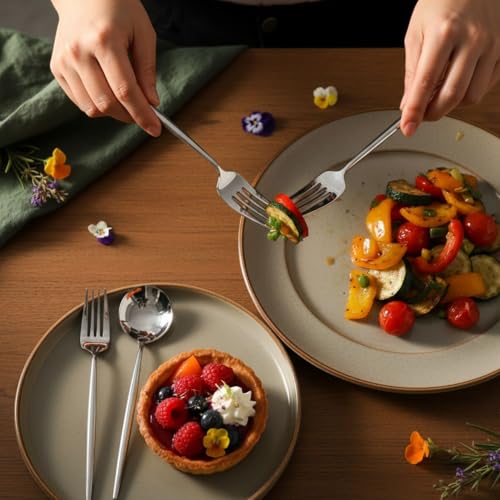Image of 5 Pcs Silver Cutlery Set for Dining Table the Perfect Lightweight Silim Handle Tableware Including Dinner Spoon, Dinner Fork, Dinner Knife, Dessert Spoon & Dessert Fork
