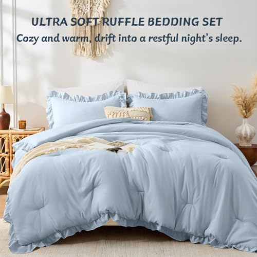 Image of FUANNA Queen Comforter Set Grayish Blue, 3 Pieces Ruffle Queen Bed Set, Fluffy Bed in a Bag Queen for All Seasons, Shabby Chic Bedding Comforter Sets with 1 Lightweight Comforter & 2 Pillowshams