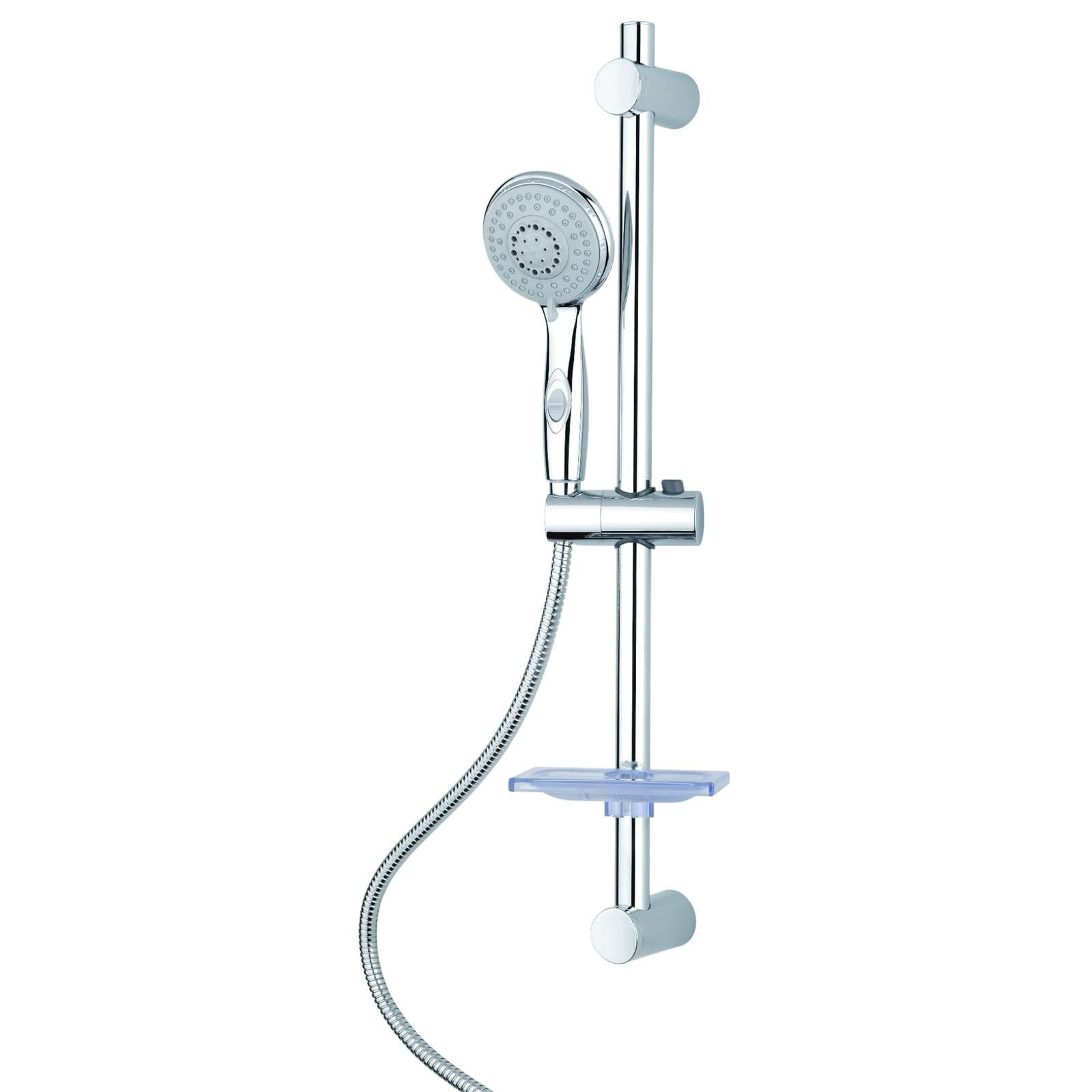 Set doccia saliscendi con doccetta multigetto, asta regolabile, soffione anticalcare, portasapone – attacco universale 1/2 realizzato in Acciaio e ABS - Cromato - 10x10x66 cm