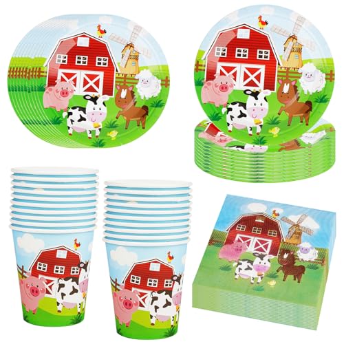Juego de Vajilla de Fiesta de Granja, 60 piezas de Decoraciones para Fiestas de Cumpleaños con Temática de Granja, Incluyendo Platos, Toallas de Papel y Vasos, para 20 Personas