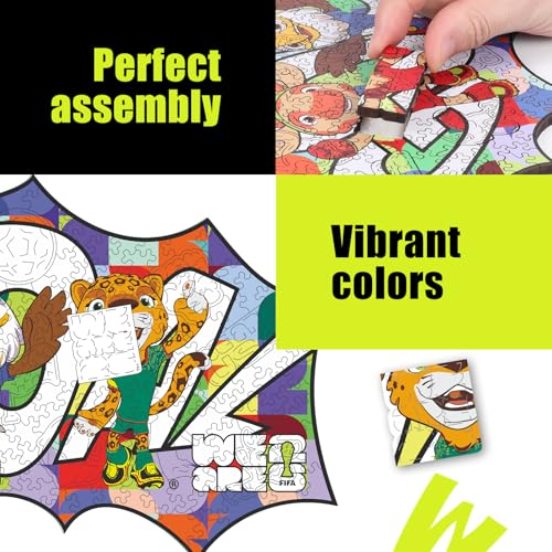Image of FIFA World Cup 2026 Mascot Wooden Jigsaw Puzzle for Kids & Adults, USA - Canada - Mexico Mascot 200 Pieces, Unique Shape Puzzle, Officially Licensed, Sports Gift for Fans, 5MM Thick | Wooden Jigsaw Puzzle