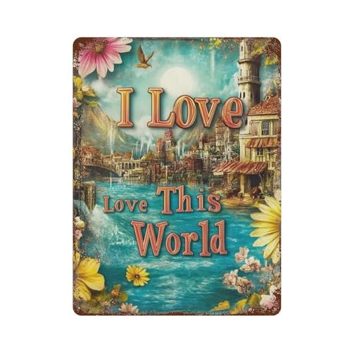 Décoration murale rétro en fer I Love This World plaque vintage de 40 x 30 cm