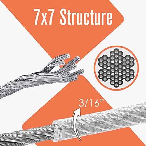 Houseables Carbon Steel Rope, 45 Wire Cable, 250 Ft, 3/16” Vinyl Coated To 1/4” Od, 7 X 19 Strand, 1 Spool, Galvanized, Aircraft Cables, Clothesline Wires, Marine Ropes, 3,600 Lbs Breaking Strength #TOP1