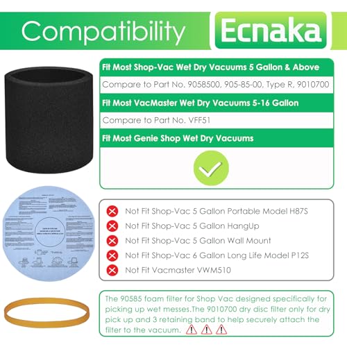 Image of 3 Pack 90585 Foam Sleeve Filter and 3 Pack 90107 /90137 Wet Dry Vac Filter for Most Shop Vac 5 Gallon and Above Vacuum Cleaner,Vf2002 Dry Discs Filters with 3 Retaining Bands,Replace# 9058500, 9010700
