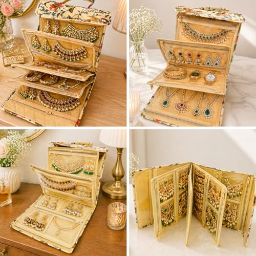 Image of Trendifly Cotton Blend Foldable Multipocket Jewellery Organizer Suitcase Women Embroidery Design Travelling Jewelry Sutcase Bag 5 Transparent Pockets Necklace Bangles Rings Girls (Flower Brown)