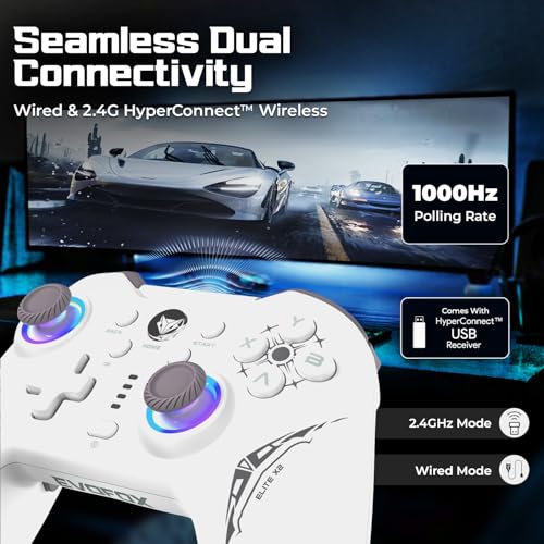 Image of EvoFox Elite X2 Wireless Gaming Controller For PC with 1000Hz Polling Rate, Dual-Mode (2.4G & Type C), Hallsense Magnetic Hall 3D Joysticks & Triggers, EZ Click Macros, Dual Vibration Motors(White)