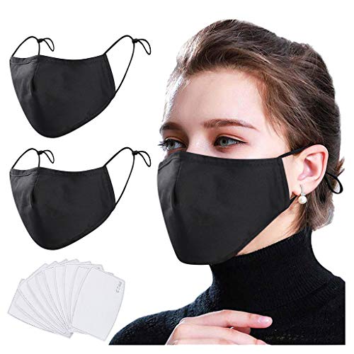 2 PCS Face Black Fashion Protective + 10 PCS Filters Pocket Bandanas, LUCKYDIY Unisex Dust Cotton, Washable, Reusable Cotton Fabric