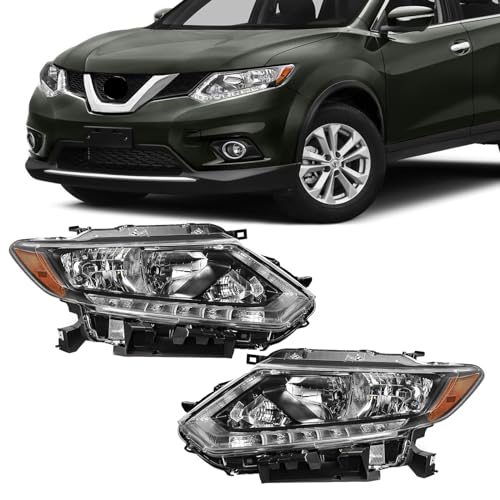 SUPAPRO Fit for 2014-2016 Nissan Rogue Headlights Assembly Halogen Headlamp with LED DRL Black&Chrome Housing Amber Reflector Replacement Left & Right Side (without Bulbs)
