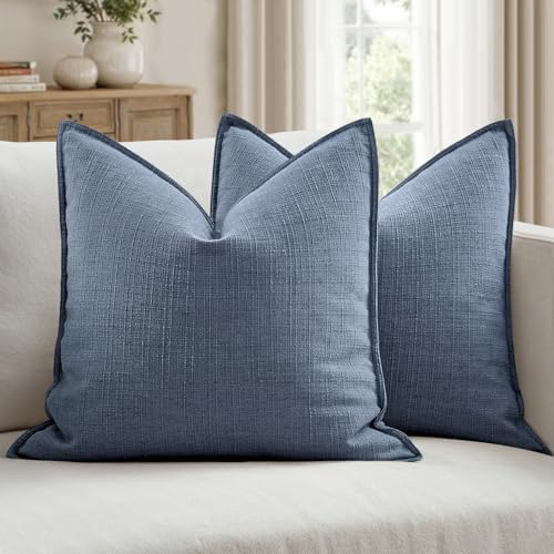 Image of MIULEE Pack of 2 Thick Textured Couch Throw Pillow Covers, Blue Decorative Pillow Covers 18x18, Neutral Linen Cushion Cases for Sofa Bed Living Room Modern Farmhouse Home Decor, No Filling