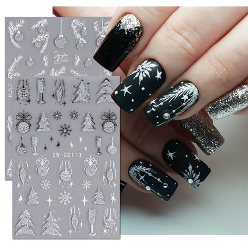 Christmas Nail Decals - 3D Self-Adhesive Glitter Snowflake Designs, Silver & Gold, Xmas Tree & Bell Themed Acrylic Stickers for Women's Nail Art