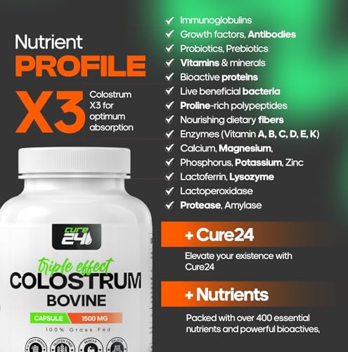 Image of Bovine Colostrum X3 Supplement Powder for Humans, 100% Pure Whole Natural Grass Fed Superfood, High IgG, Plus Probiotic & Prebiotic, Unflavored, (Capsule)