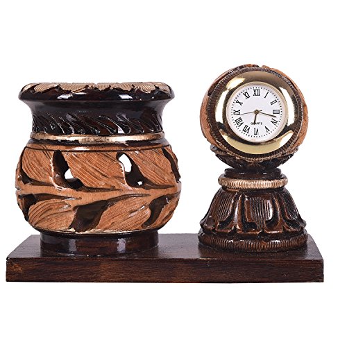 Image of Craft Trade 14x10 Cm Round Matki Pencil Holder with Analog Clock - Brown Clock