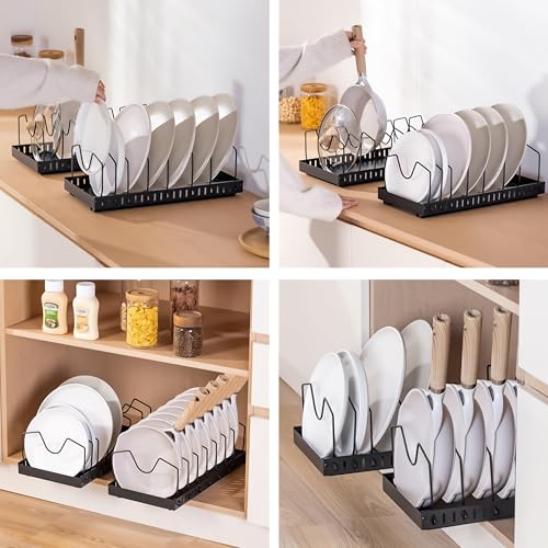 Image of Livzing Pan & Pot Organizer Rack for Cabinet - Stainless Steel Adjustable Sliding Kitchen Rack for Frying Pan, Plate, Lids - Under Cabinet Storage for Modular Kitchen - Expandable Cookware Organizer