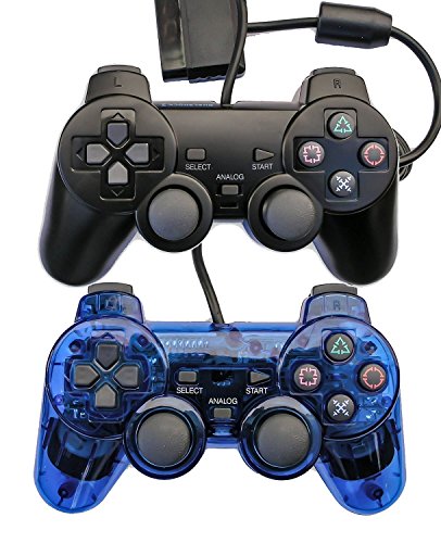 Saloke 2 Packs Wired Gaming Controllers for Ps2 Double Shock (Black and Blue)