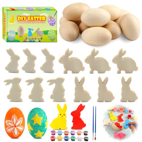 Worgree Easter Egg Painting Kit, 24pcs Wooden Eggs and Bunny