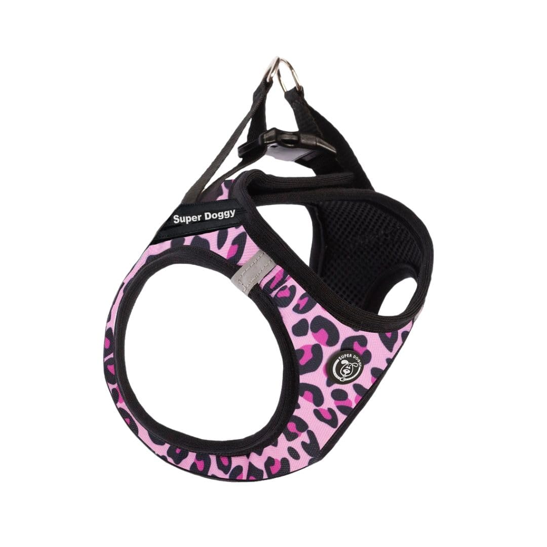 SUPER DOGGY Arnes Personalizado para Perros - Tamaño Pequeño y Mediano - Incluye 2 Etiquetas con Nombre - Chaleco Suave y Reflectante - Transpirable con Diseños Divertidos (S, Pink Leopard)