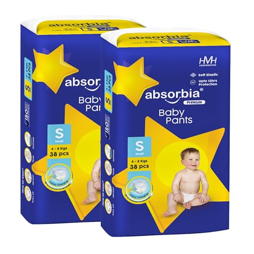 Image of Absorbia Baby Pant Diaper Small (S) 3-8 kg, 76s x Pack of 2 | Up to 12Hrs Protection | Cottony Soft Comfort for Sensitive Skin | Wetness Indicator | High Absorbancy | Wider pee distribution