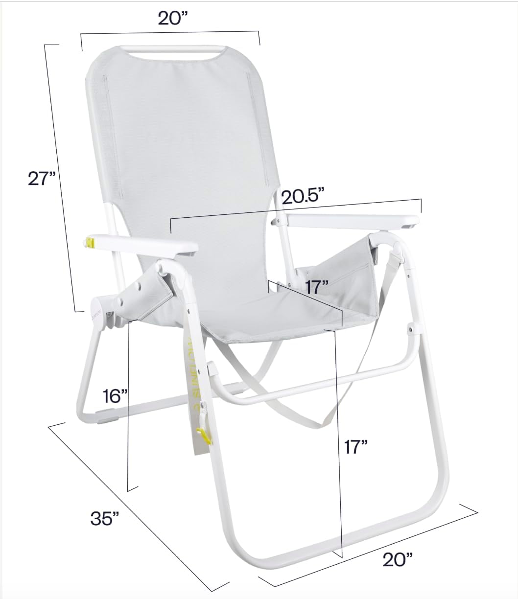 Diagram showing the dimensions of the unfolded SUNFLOW beach chair, including seat height, width, and depth.