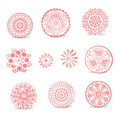 Image of Hashcart | Set of 10 | Round Shape Multi Floral Design baren for Block Printing | Wooden Stamps for Project Designing | Scrapbooking | Project Making | Clay | Pottery Craft