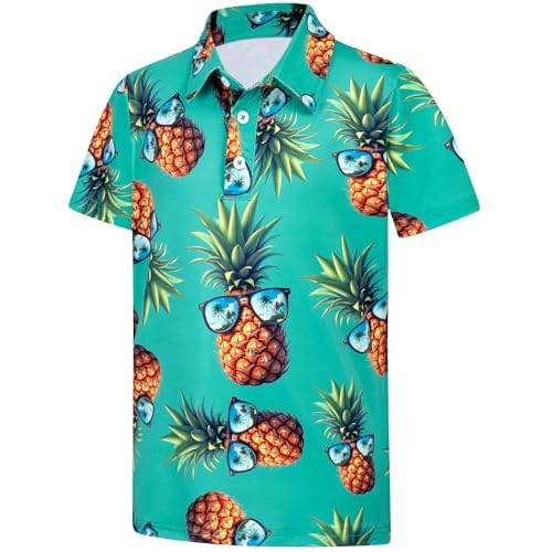 HOZIY Boys Polo Shirt Short Sleeve Collared Golf Shirts Funny Stretch School Uniform for Kids Size 5-14 Years Pineapple 13-14 Years
