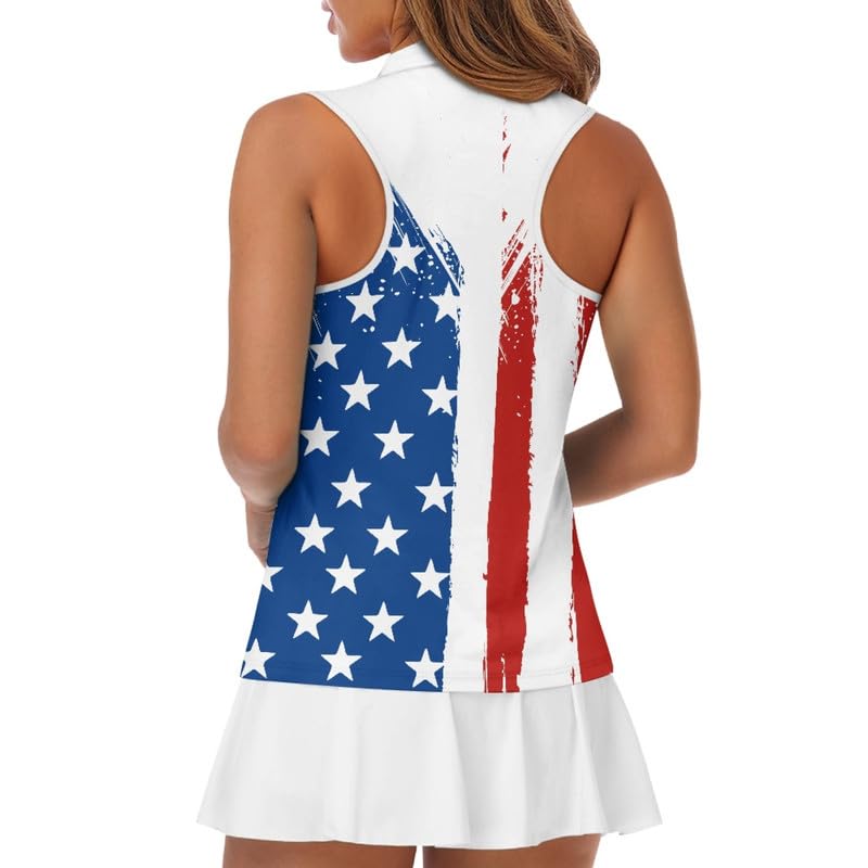 Irisjudy USA Flag Golf Shirts for Women Stars Stripes American Flag Sleeveless Tennis Polo Shirts Outfit, 4TH of July Independence Day Summer Workout Tank Tops Quick Dry