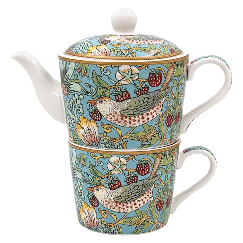 The Leonardo Collection William Morris Strawberry Thief Tea for One 250ml Cup and 400ml Pot for Home & Kitchen | Lovely Tea Pot Gift for Women & Men | Stylish Fine China Teapot Cup Set for Daily Use