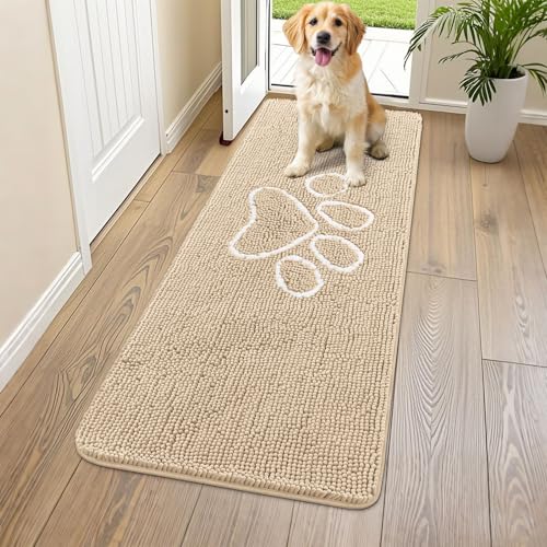 Image of Smiry Dog Door Mat for Muddy Paws, Absorbent Dirt Trapper Non Slip Quick Dry Washable Chenille Mat for Mud Dogs, Entry Rug for Indoor and Outdoor (59x20 Inches, Beige and White)