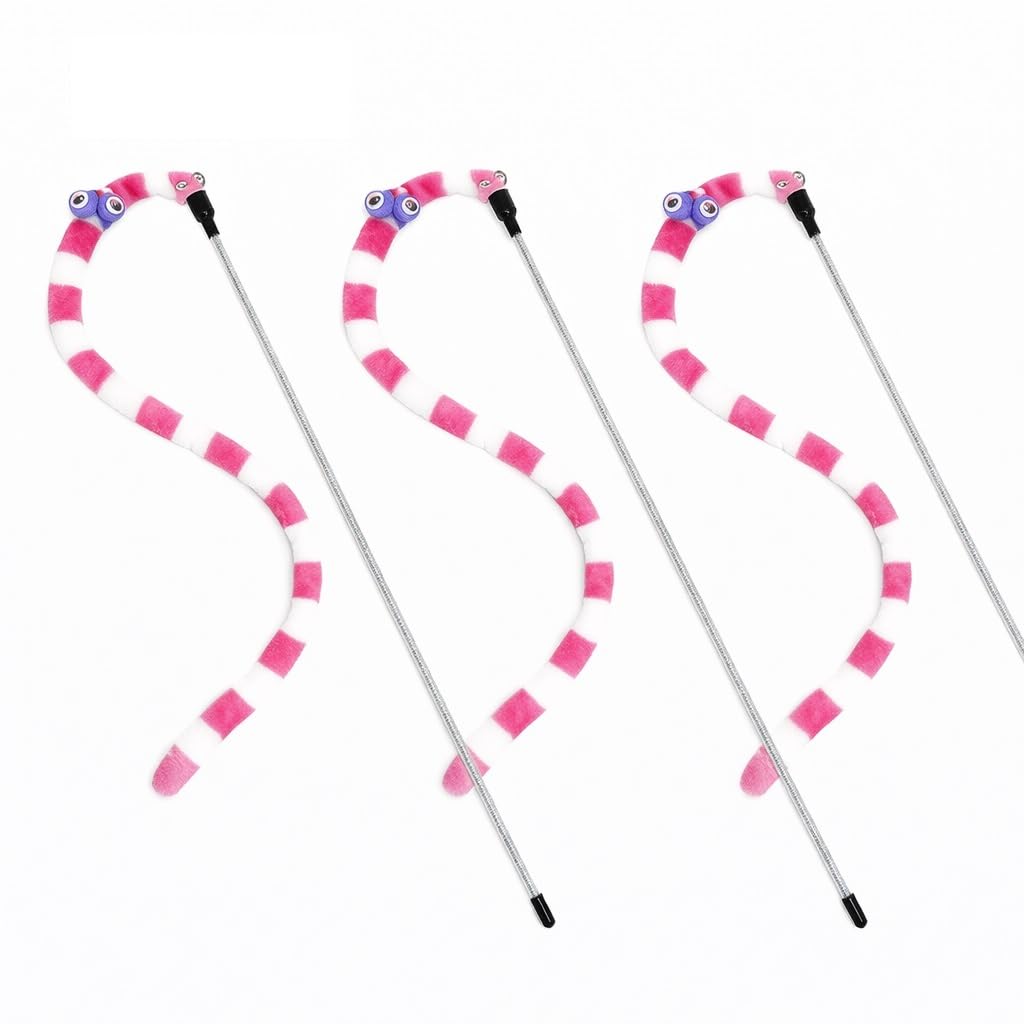 ZACAL Cat Toy Wand Teaser, Interactive Play Set with Rainbow Ribbon, Feather and Plush Worm Attachments, 3 Pack (Pink Stripe Caterpillar (Pack of 3)) — image 1