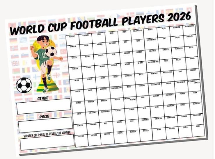 World Cup themed A3 guess the name of the Football Player, Scratch Match and Win Fundraising Game. 100 players
