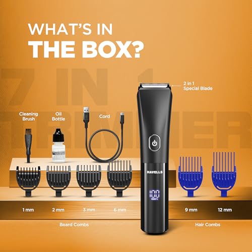 Image of Havells Beard & Hair 7 in 1 Trimmer |2-in-1 Special Blade| Comes with 4 Beard & 2 Hair Combs| Real Time Digital Display| Type C Turbo Charge| No Nicks & Cuts|2 Year Guarantee|BT6661