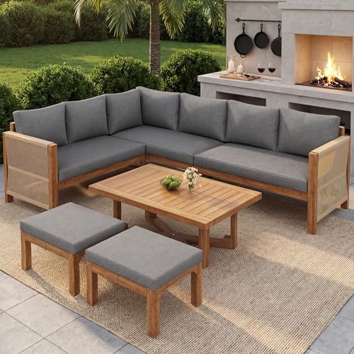 luckdect Salon de Jardin Exterieur 6/8 Personnes, Modulaire en Acacia en Forme de L Canapé d'angle avec Accoudoirs en Bois avec 3 Canapés 2 Places,2 Tabourets...