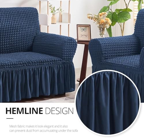 Image of Bails Sofa Cover 3 Seater Fully Covered | Turkish Elastic Sofa Cover | Sofa Cover 3Seater | Universal Elastic Bubble Fabric with Frill Sofa Protector Cover (Navy, 3 Seater)